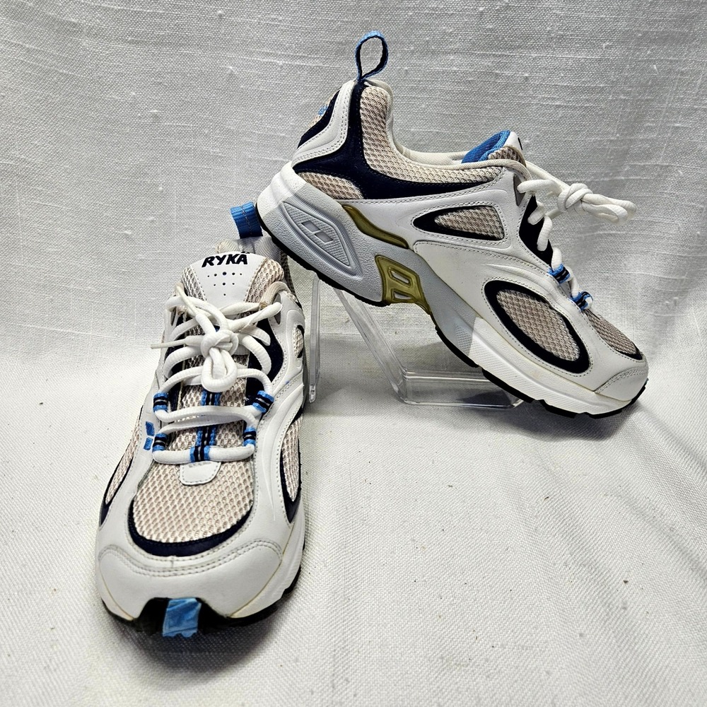 Ryka Training Sneakers Women 7M White Blue Gold Mesh Y2K Retro Dad Shoe Athletic